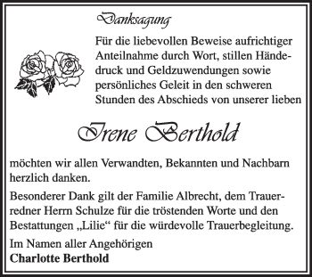 Traueranzeige von Irene Berthold von Super Sonntag Dessau / Köthen