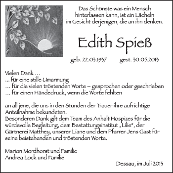 Traueranzeige von Edith Spieß von Super Sonntag Dessau / Köthen