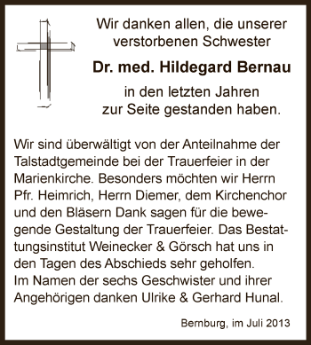 Traueranzeige von Hildegard Bernau von Super Sonntag Bernburg