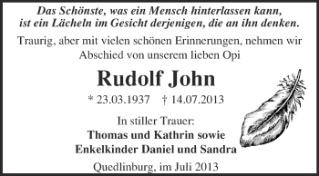 Traueranzeige von Rudolf John von WVG - Wochenspiegel Quedlinburg