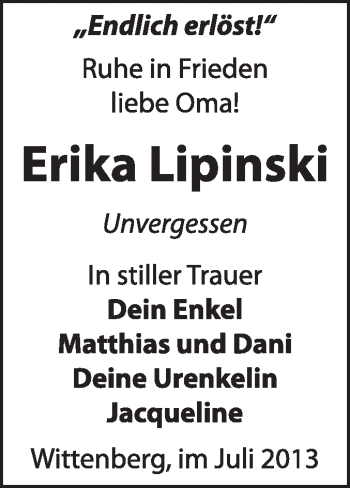 Traueranzeige von Erika Lipinski von Super Sonntag Wittenberg