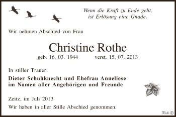Traueranzeige von Christine Rothe von Super Sonntag Zeitz