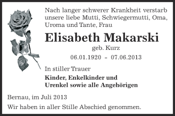 Traueranzeige von Elisabeth Makarski von Super Sonntag Zeitz