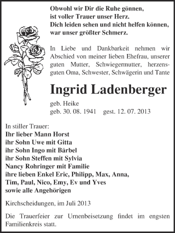 Traueranzeige von Ingrid Ladenberger von WVG - Wochenspiegel NMB / WSF / ZTZ
