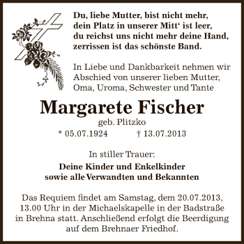Traueranzeige von Margarete Fischer von WVG - Wochenspiegel Bitterfeld