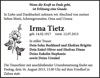 Traueranzeige von Irma Tietz von Super Sonntag Wittenberg