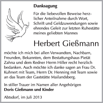 Traueranzeige von Herbert Gießmann von Super Sonntag Wittenberg