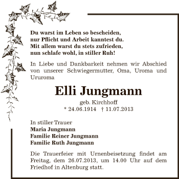 Traueranzeige von Elli Jungmann von Super Sonntag Bernburg
