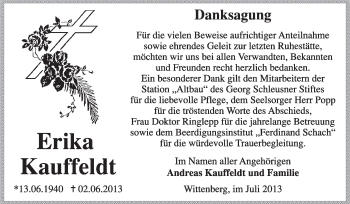 Traueranzeige von Erika Kauffeldt von WVG - Wochenspiegel Wittenberg