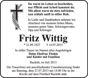 Traueranzeige von Fritz Wittig von WVG - Wochenspiegel Wittenberg