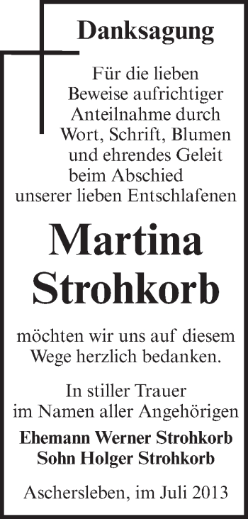 Traueranzeige von Martina Strohkorb von Super Sonntag Aschersleben