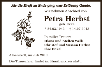 Traueranzeige von Petra Herbst von Wochenspiegel Mansfelder Land