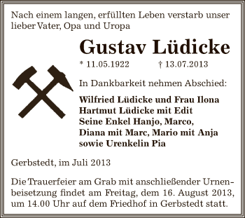 Traueranzeige von Gustav Lüdicke von Wochenspiegel Mansfelder Land