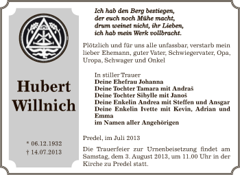 Traueranzeige von Hubert Willnich von Super Sonntag Zeitz