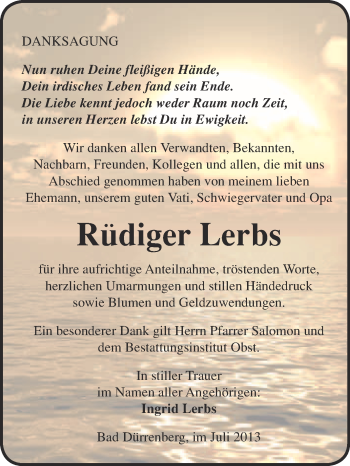 Traueranzeige von Rüdiger Lerbs von Super Sonntag Merseburg