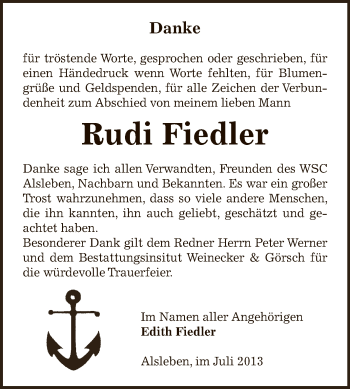 Traueranzeige von Rudi Fiedler von Super Sonntag Bernburg