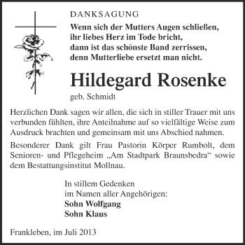 Traueranzeige von Hildegard Rosenke von Super Sonntag Merseburg