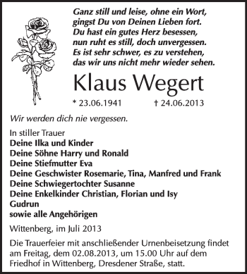Traueranzeige von Klaus Wegert von WVG - Wochenspiegel Wittenberg