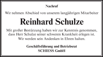 Traueranzeige von Reinhard Schulze von WVG - Wochenspiegel Aschersleben