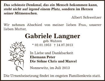 Traueranzeige von Gabriele Langner von Super Sonntag Zeitz