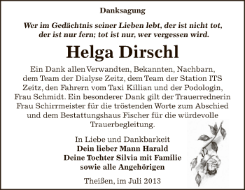 Traueranzeige von Helga Dirschl von Super Sonntag Zeitz