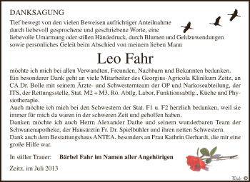 Traueranzeige von Leo Fahr von Super Sonntag Zeitz