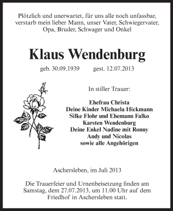 Traueranzeige von Klaus Wendenburg von Super Sonntag Aschersleben