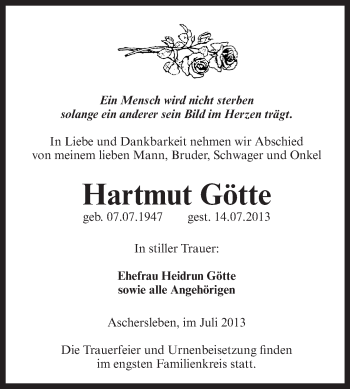 Traueranzeige von Hartmut Götte von Super Sonntag Aschersleben