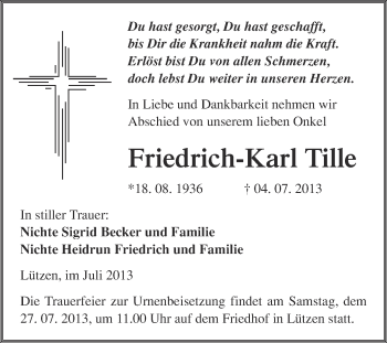 Traueranzeige von Friedrich-Karl Tille von WVG - Wochenspiegel Merseburg