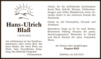 Traueranzeige von Hans-Ulrich Blaß von Super Sonntag Bernburg