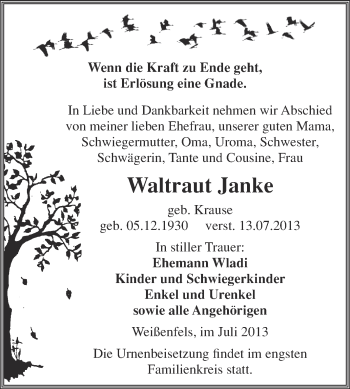 Traueranzeige von Waltraut Janke von WVG - Wochenspiegel NMB / WSF / ZTZ