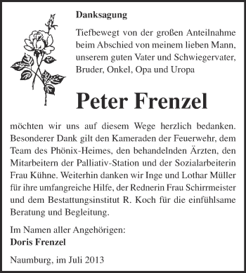 Traueranzeige von Peter Frenzel von WVG - Wochenspiegel NMB / WSF / ZTZ