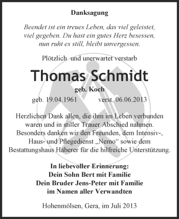 Traueranzeige von Thomas Schmidt von WVG - Wochenspiegel NMB / WSF / ZTZ