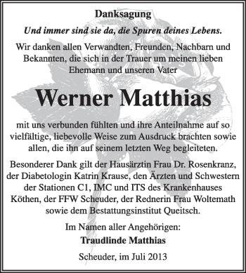 Traueranzeige von Werner Matthias von Super Sonntag Dessau / Köthen
