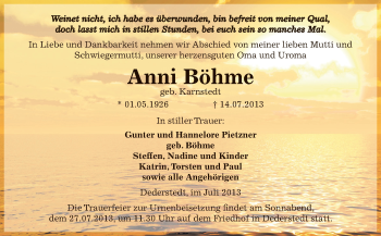 Traueranzeige von Anni Böhme von Super Sonntag SGH Mansf. Land