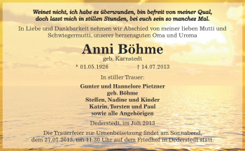 Traueranzeige von Anni Böhme von Super Sonntag SGH Mansf. Land