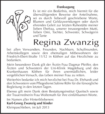 Traueranzeige von Regina Zwanzig von Super Sonntag Dessau / Köthen
