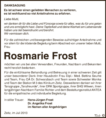 Traueranzeige von Rosmarie Frost von Super Sonntag Zeitz