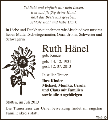 Traueranzeige von Ruth Hänel von Super Sonntag Zeitz