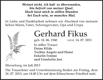 Traueranzeige von Gerhard Fikus von WVG - Wochenspiegel Merseburg