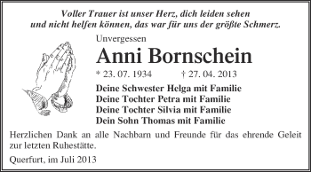 Traueranzeige von Anni Bornschein von WVG - Wochenspiegel Merseburg