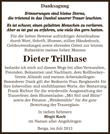 Traueranzeige von Dieter Trillhase von WVG - Wochenspiegel SGH