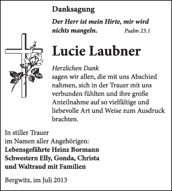 Traueranzeige von Lucie Laubner von WVG - Wochenspiegel Wittenberg