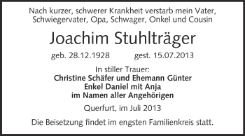 Traueranzeige von Joachim Stuhlträger von WVG - Wochenspiegel Merseburg