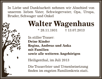 Traueranzeige von Walter Wagenhaus von Wochenspiegel Mansfelder Land