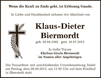 Traueranzeige von Klaus-Dieter Biermordt von Super Sonntag Bernburg
