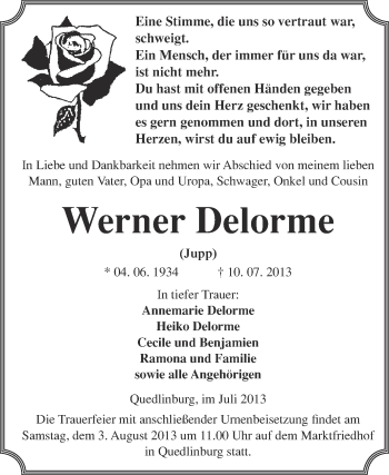Traueranzeige von Werner Delorme von WVG - Wochenspiegel Quedlinburg