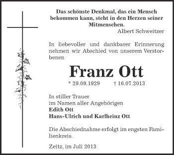 Traueranzeige von Franz Ott von Super Sonntag Zeitz