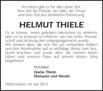 Traueranzeige von Helmut Thiele von WVG - Wochenspiegel Quedlinburg