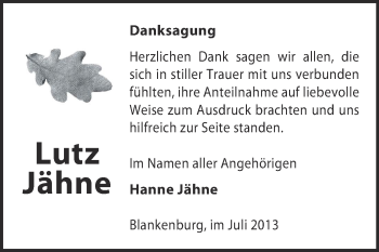 Traueranzeige von Lutz Jähne von Super Sonntag Quedlinburg